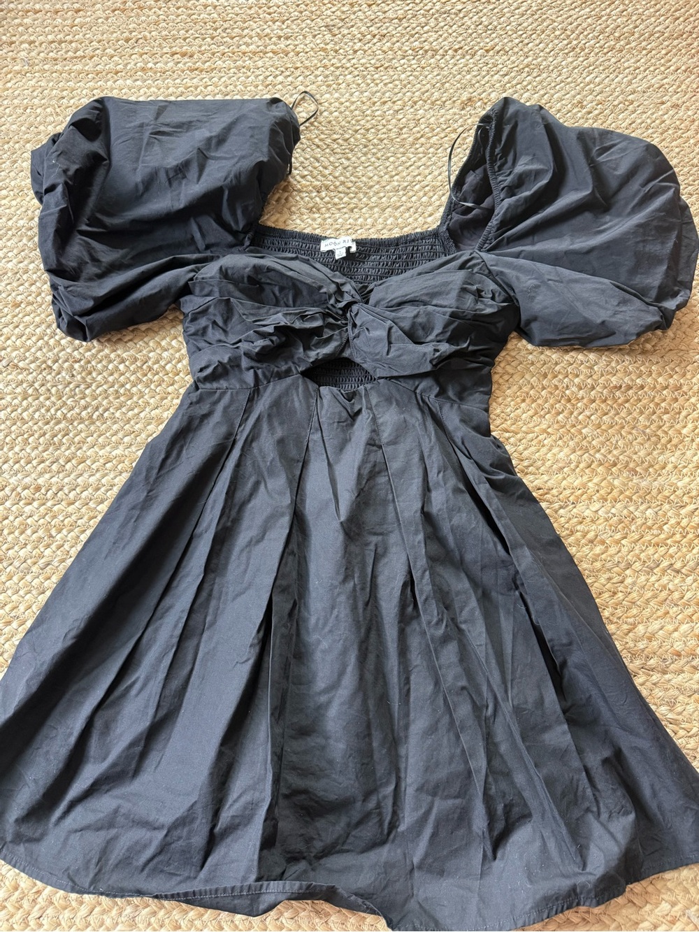 Moon River Black Puff-Sleeve Mini Dress with Front Twist